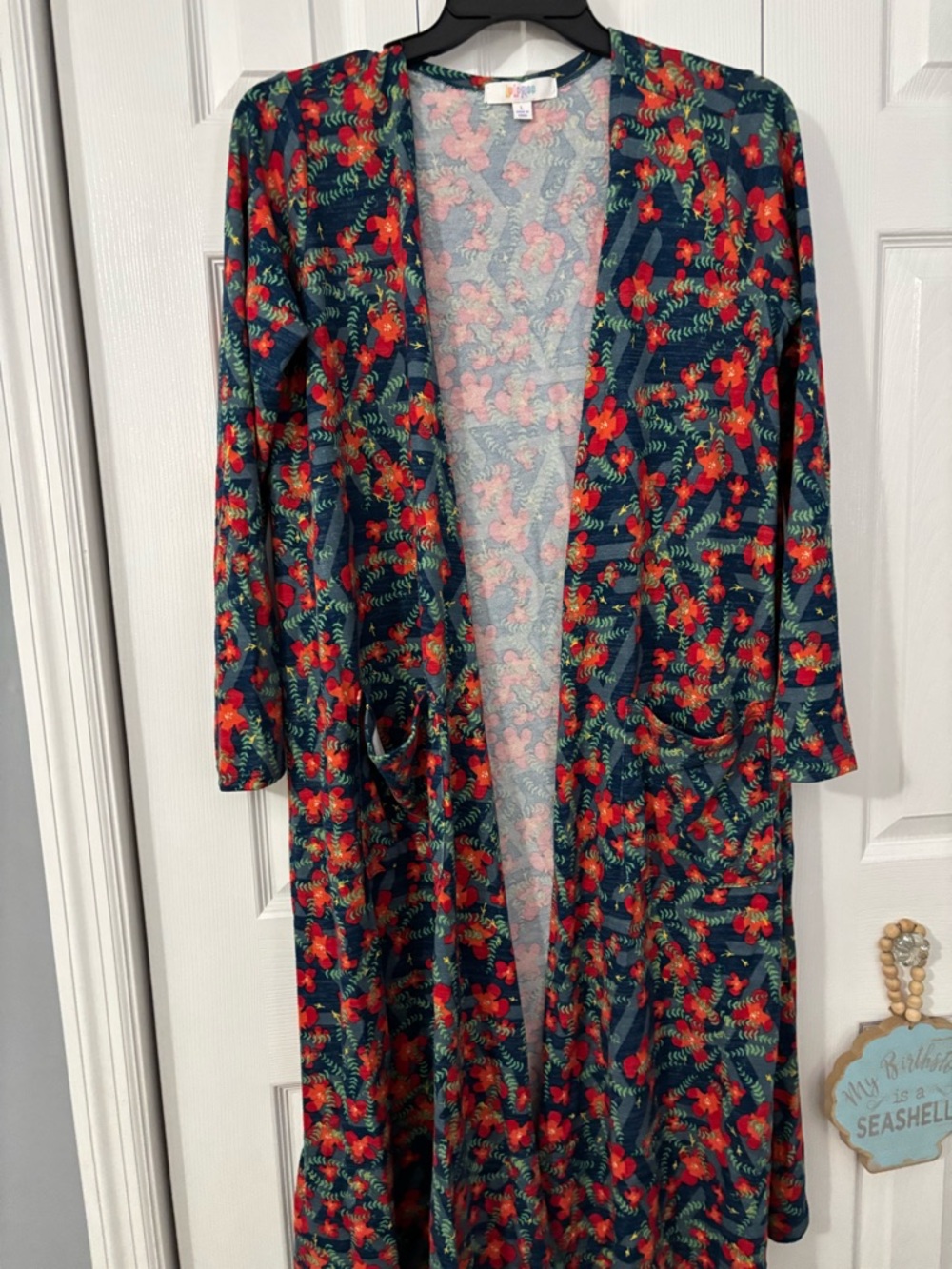LuLaRoe Navy Floral Long Open Cardigan with Red and Green Print